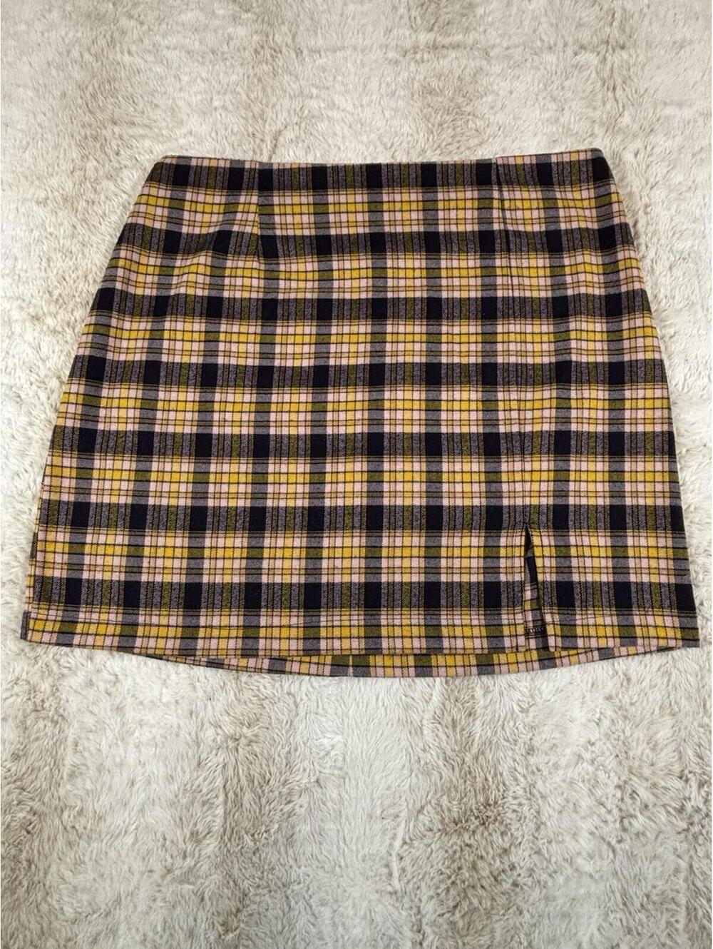 Stitch & Pine Plaid Mini Skirt XL Yellow Pink Y2K Schoolgirl Preppy